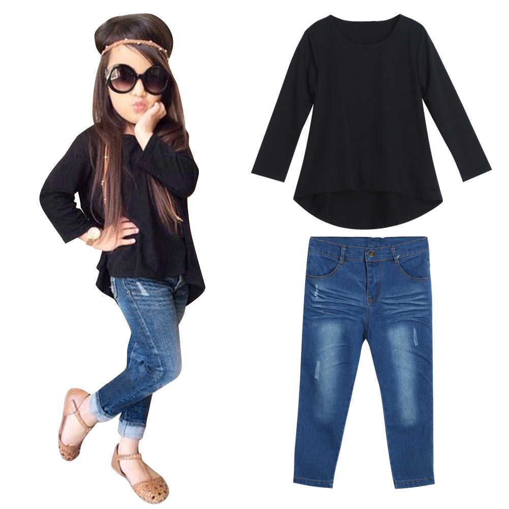 New cross-border European and American children's suit black long T-shirt blue jeans factory direct sale ins hot style