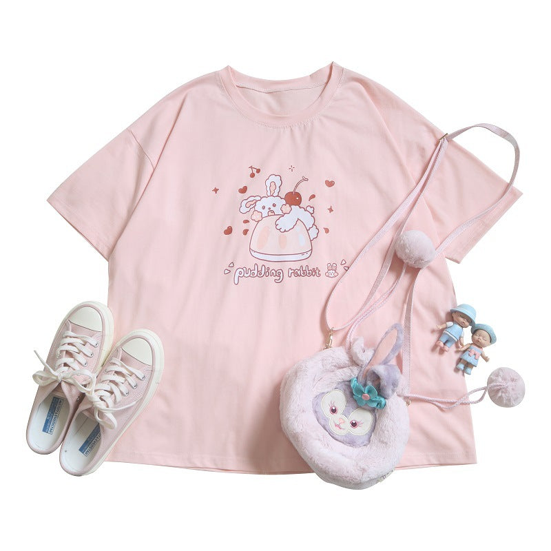 Pink Short Sleeve Printing T-shirt Cartoon Print Girls T-shirt Women