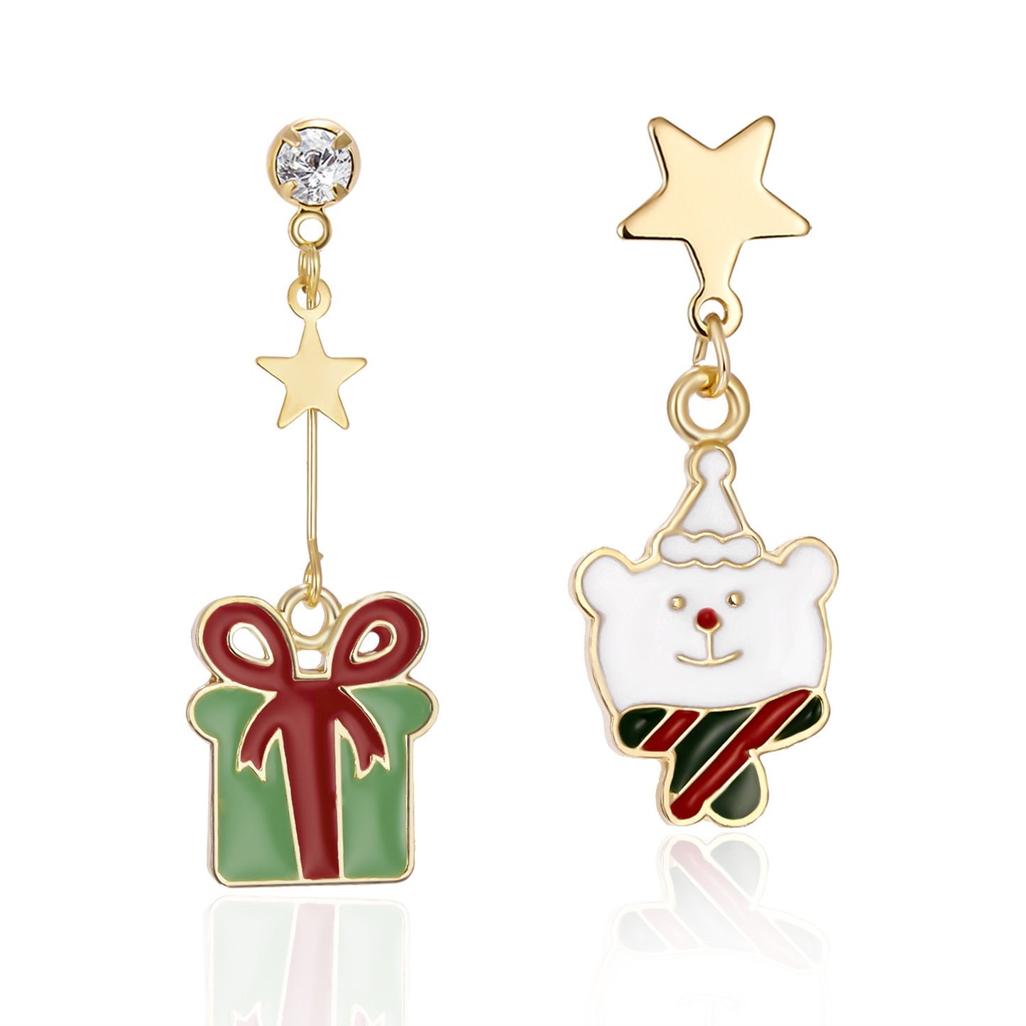 Christmas Bell Pentagonal Christmas Tree Cane Asymmetric Earrings