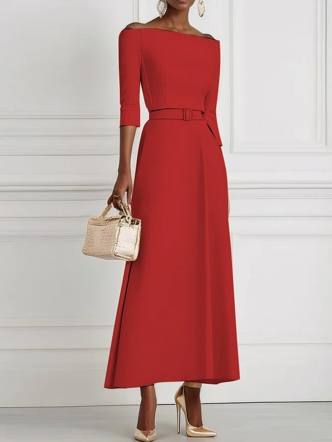 Solid Color Fashion Temperament Waist-controlled Off-shoulder Dress For Women
