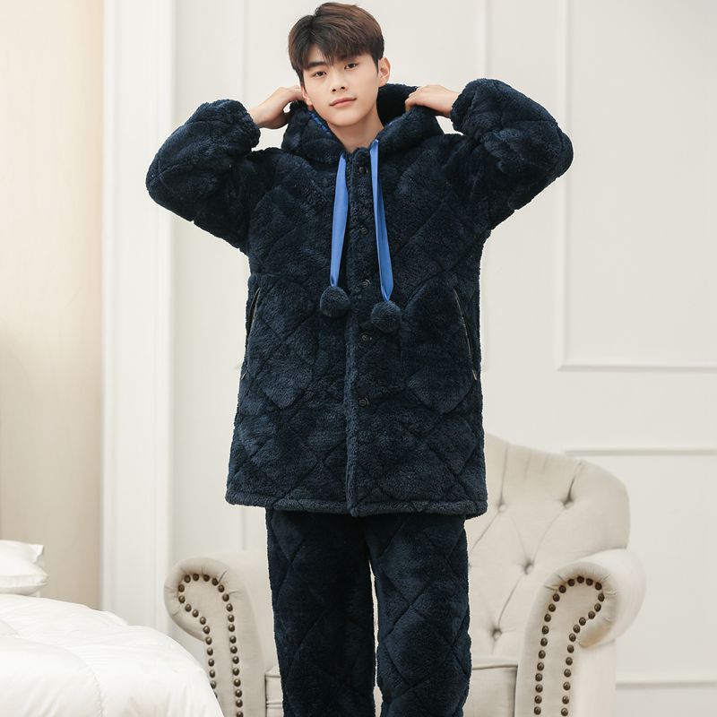 Couple Thickening Warm Plus Velvet Cute Sweet Coral Fleece Pajamas Set