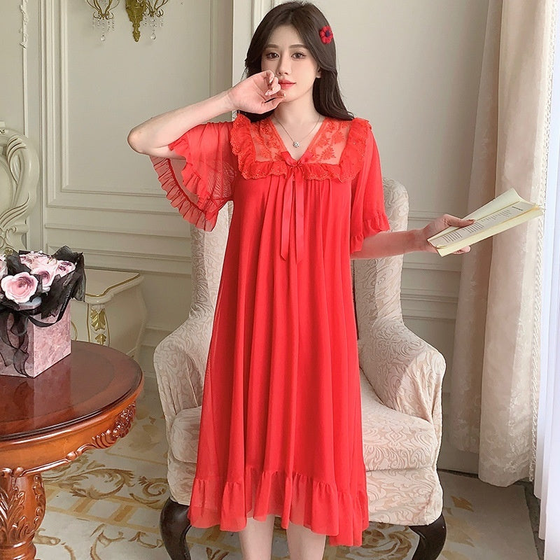Lace Bow Mesh Midi Nightdress Homewear