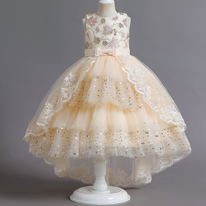 Girls Dress Embroidered Sequin Flower Trailing