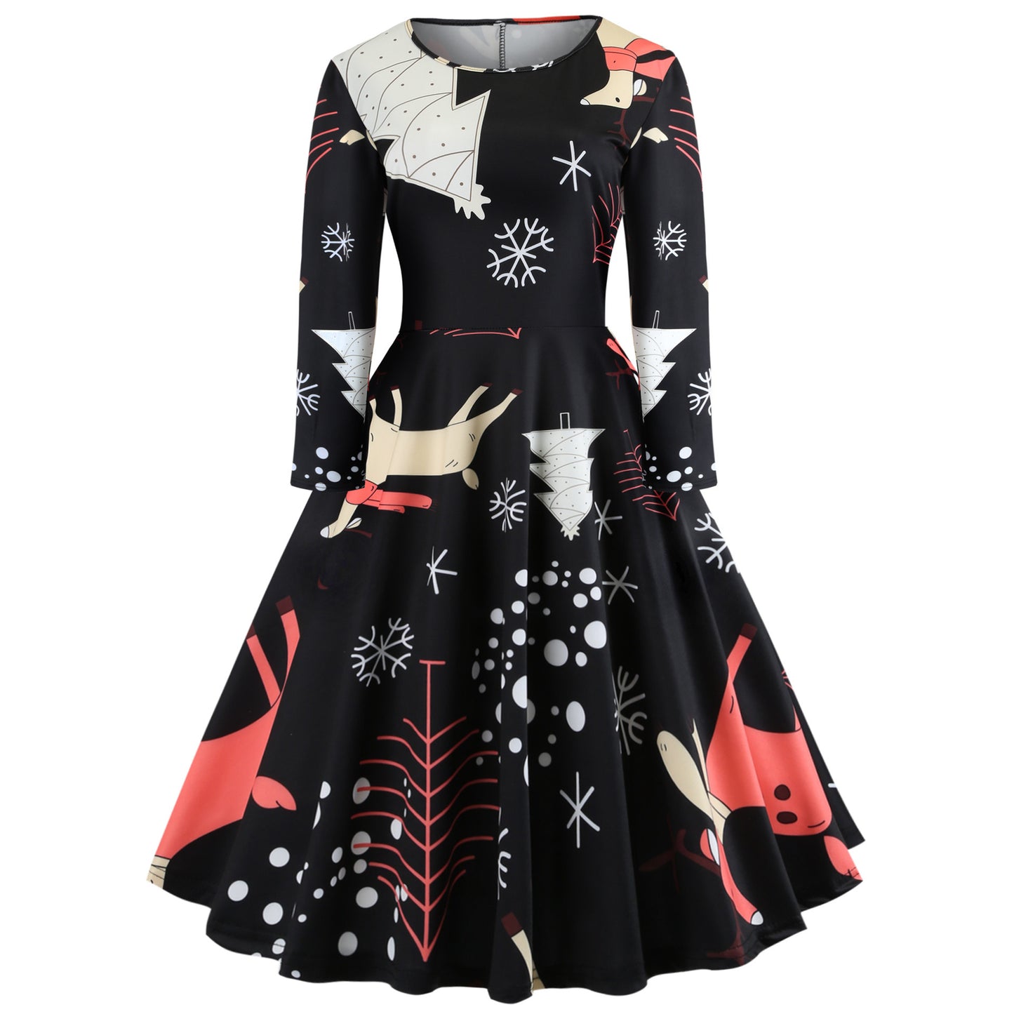 Christmas round neck print A-line dress