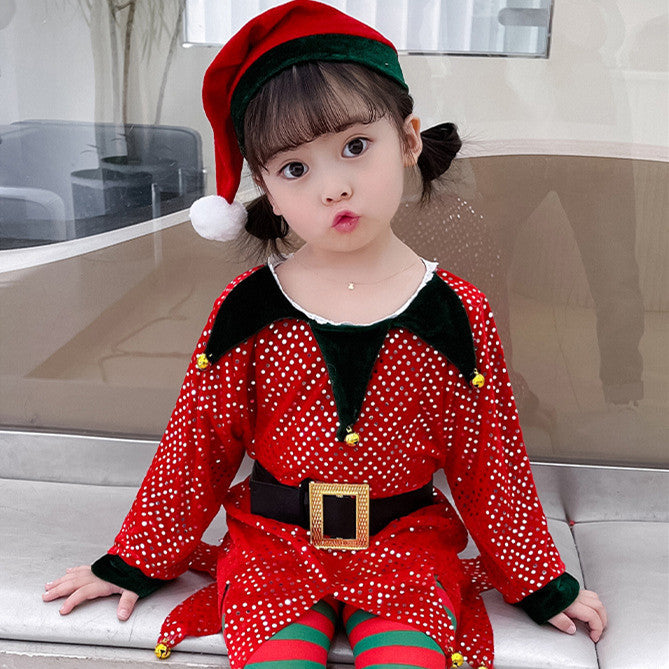 Children's Elf Sequins Dress Christmas Theme Suit