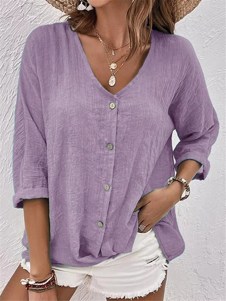 V-neck Long-sleeved T-shirt Fashion Solid Color Button Top Casual Loose Clothing For Women