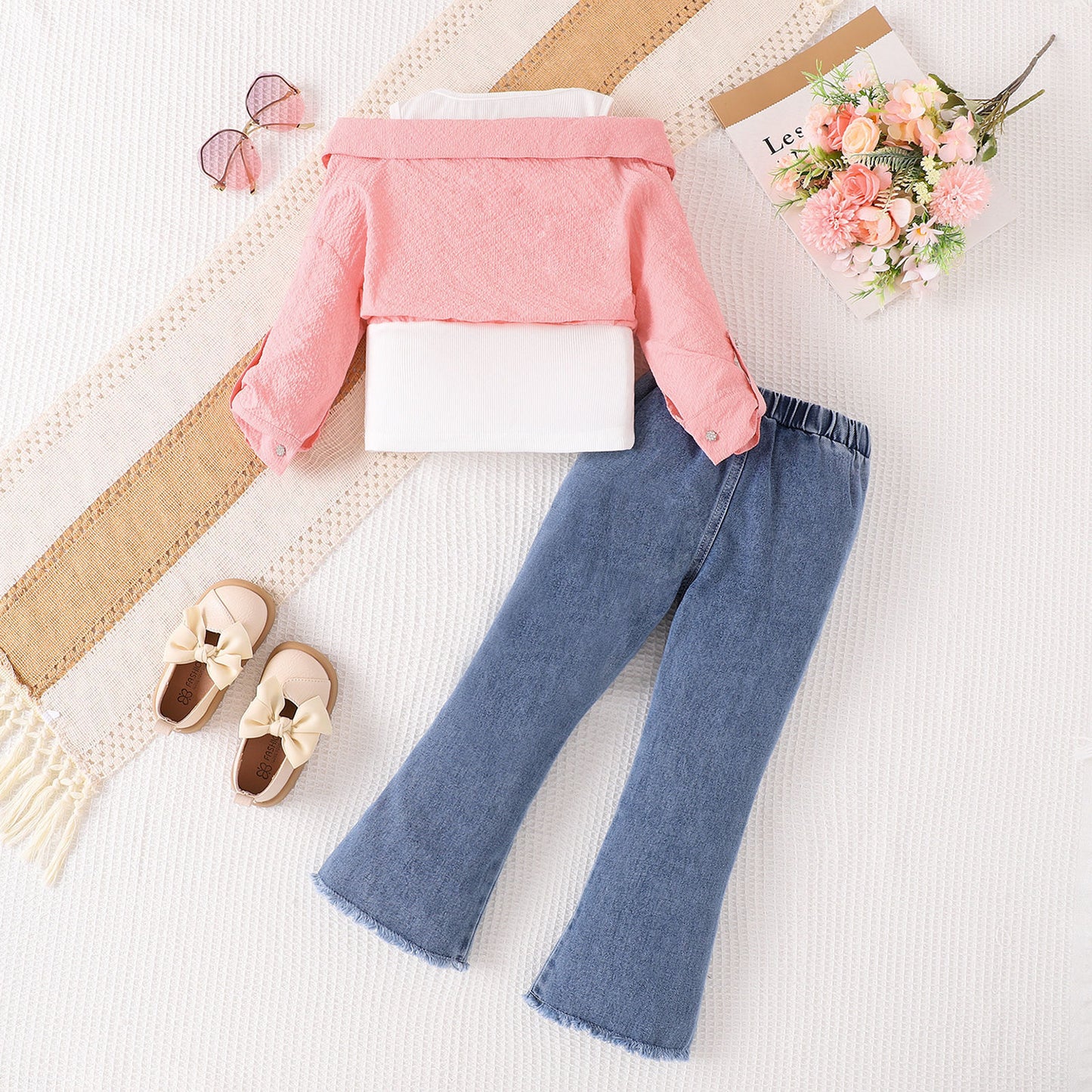 Fake Two-piece Off-shoulder Top With Flared Jeans