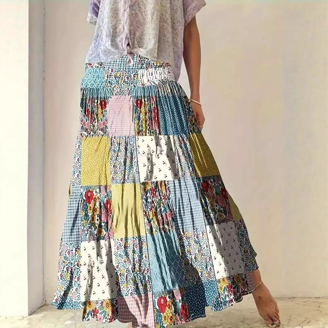 Printed Stitching Women's Popular Floral Skirt Long Skirt