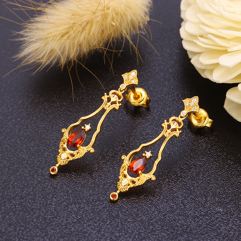 S925 Sterling Silver Drop Red Pomegranate Long Swaying Earrings