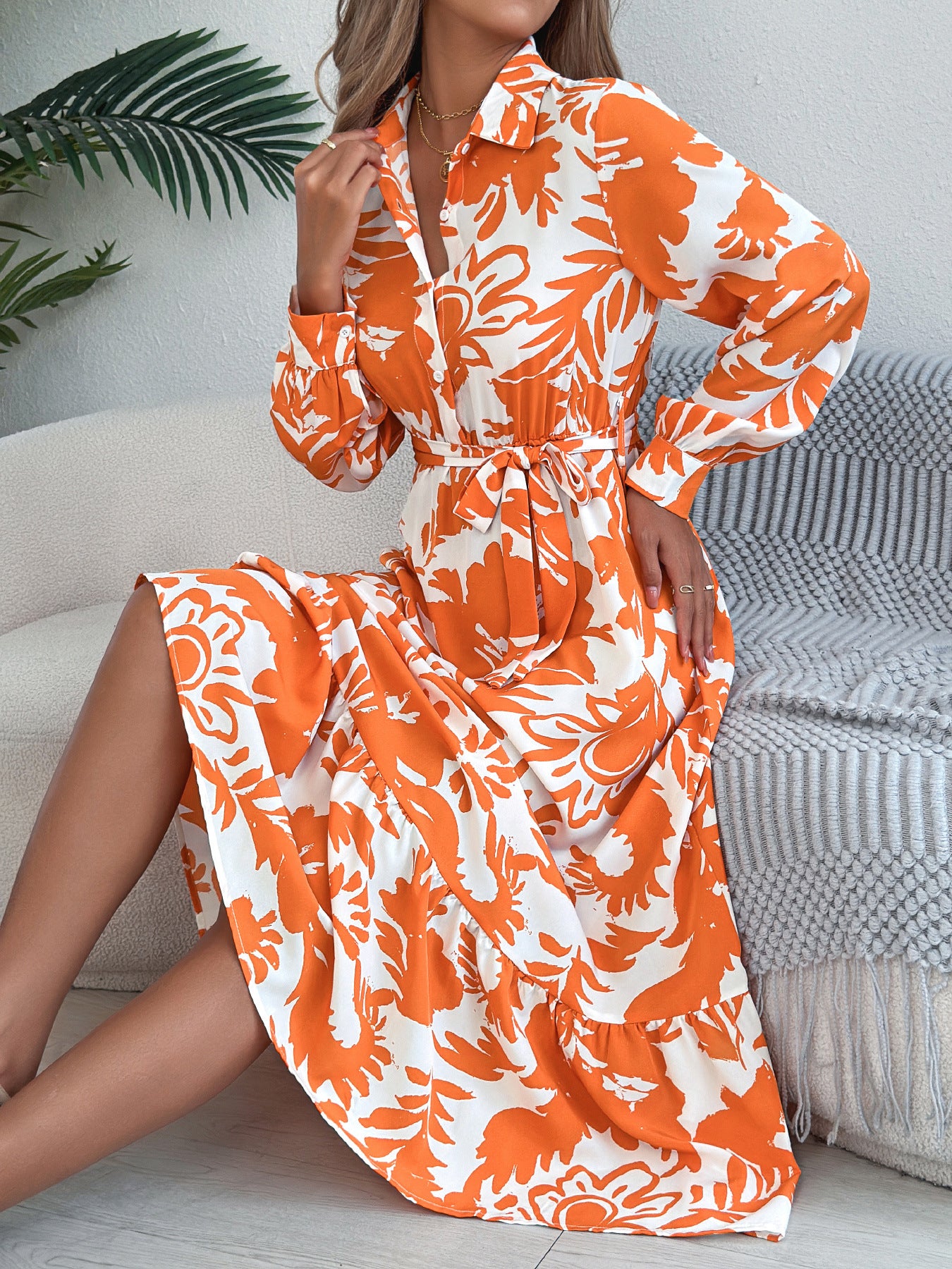 Women's Clothing Spring And Summer Leisure Flower Long Sleeve Shirt Skirt
