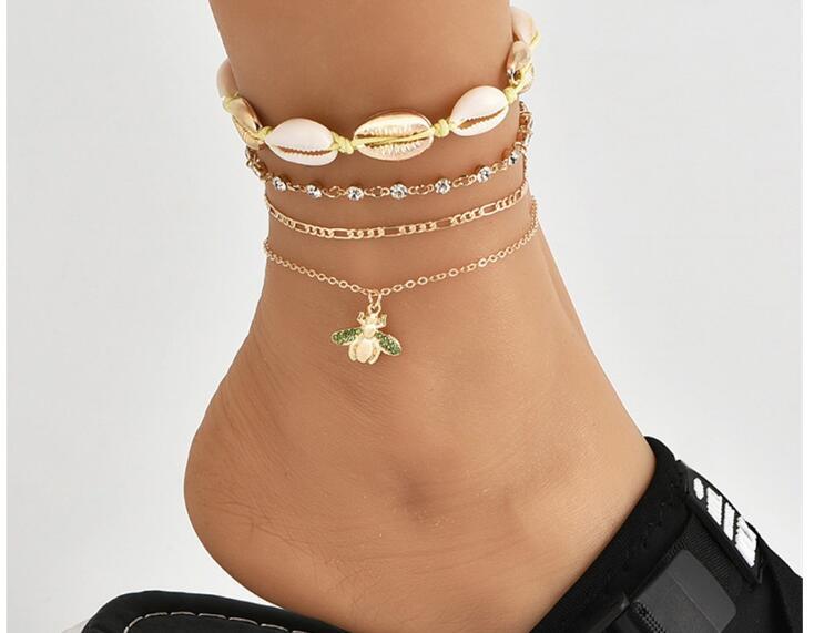 Popular Beach Women's Anklet Shell Weave Diamond Chain Full Diamond Bee Pendant Multilayer Footwear