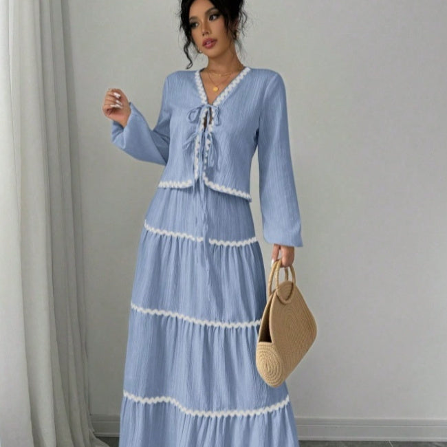Lace Layered Pleated Lantern Sleeve Bow Shirt And Skirt Suit Women