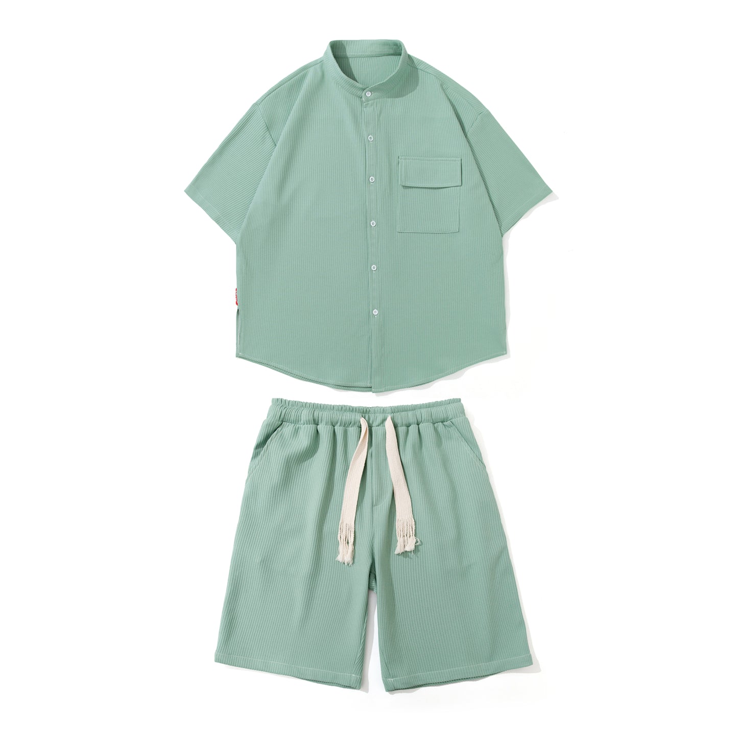 Men's Ice Silk Hanging Suit Men's Solid Color Short-sleeved Shirt Draw Rope Shorts Two-piece Men's