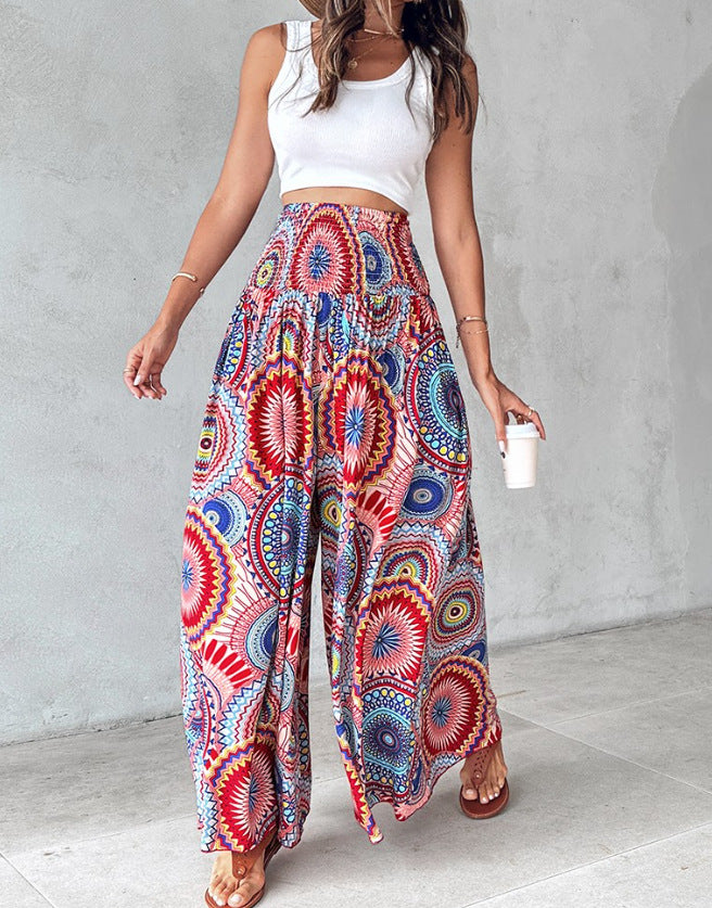 Women's Retro Floral Printed Waist-controlled Wide-leg Pants