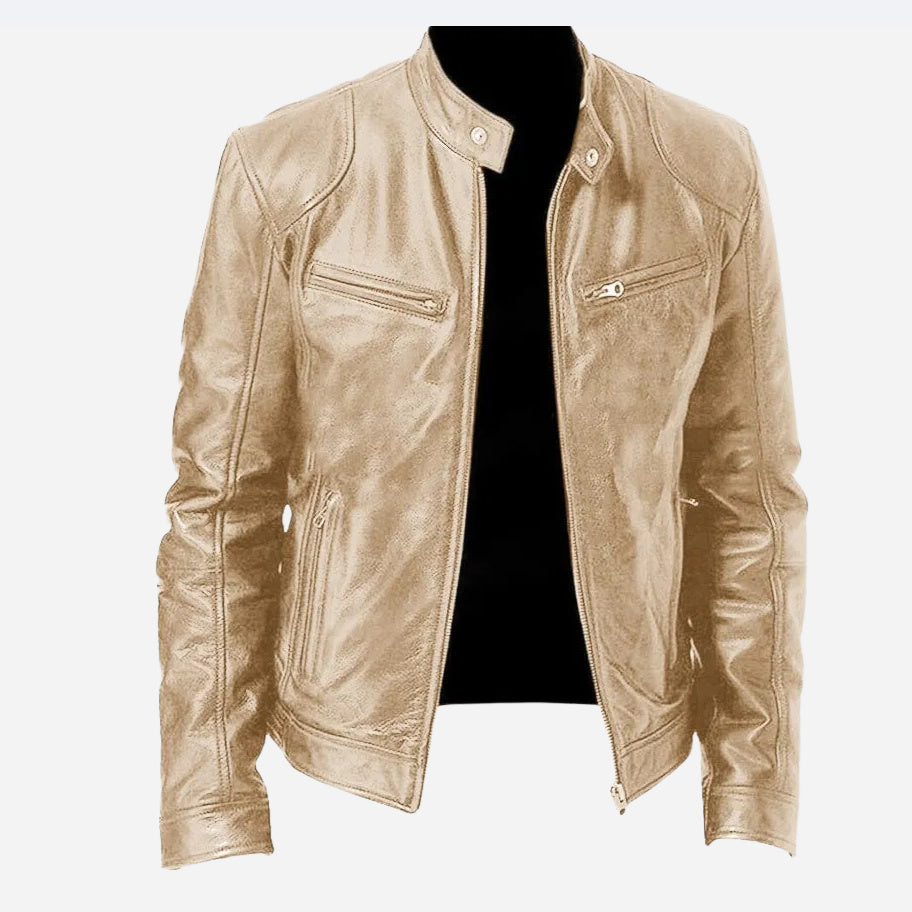 Men's Zip-up Cardigan PU Leather Jacket Fashion Pockets Stand Collar Short Tops Clothing