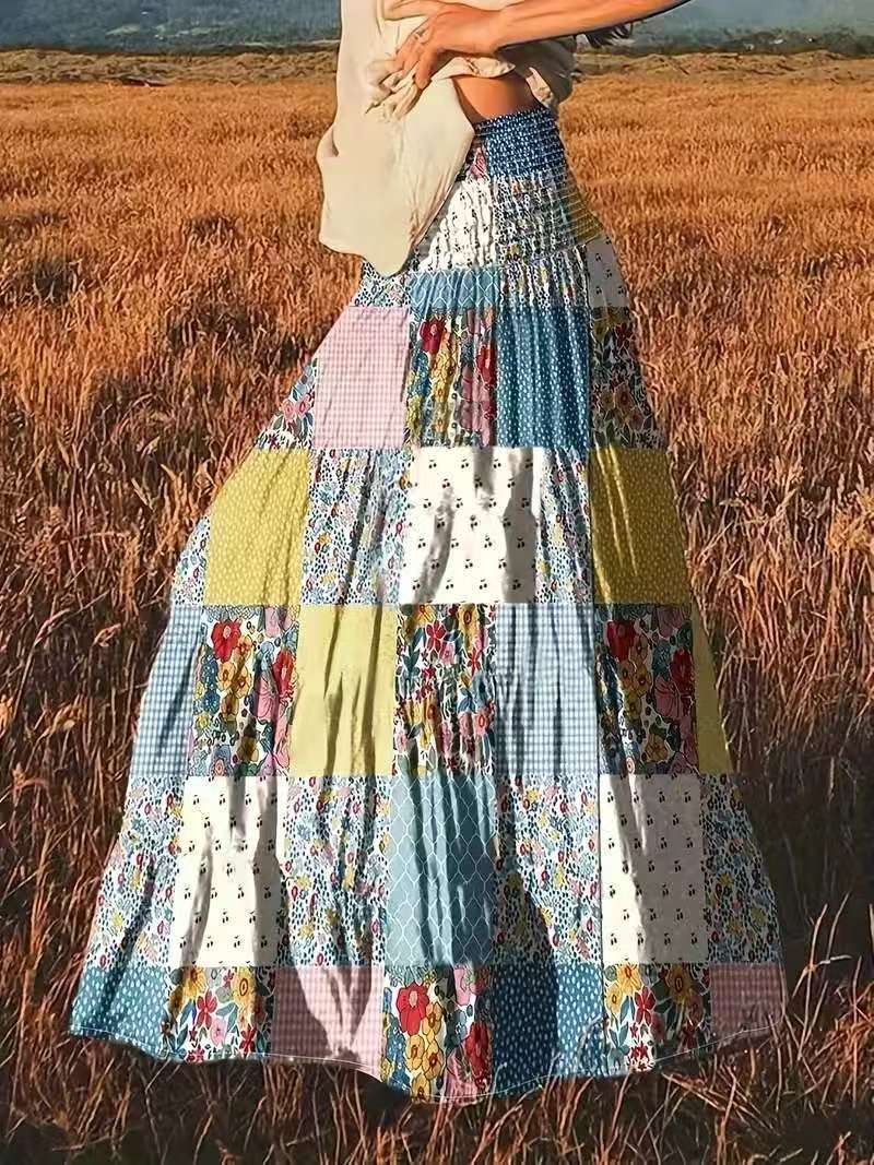 Printed Stitching Women's Popular Floral Skirt Long Skirt