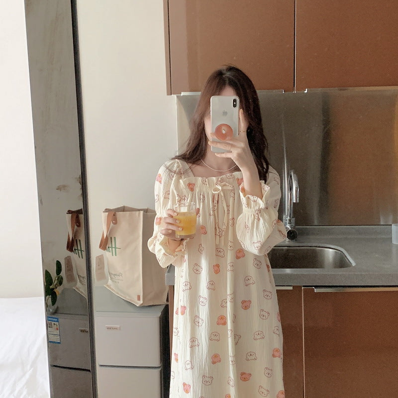 Cute Cartoon Bear Cotton Yarn Nightdress Women's Homewear