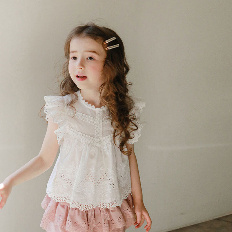 Girls Sleeveless Hollow Out Flounced Sleeve Strawberry Shan Top T-shirt