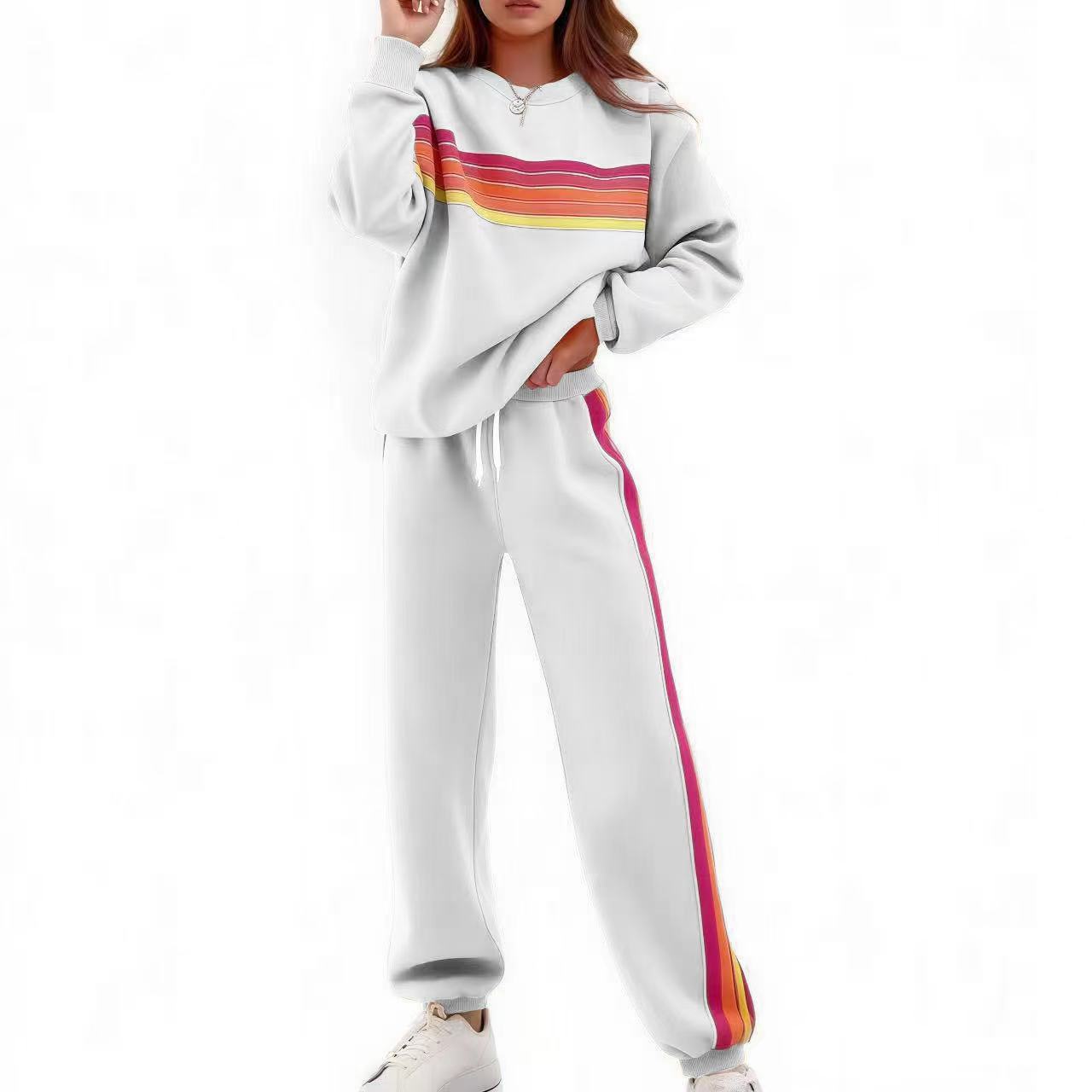 Round Neck Loose Color Stripes Elastic Waist Pants Sweater Suit