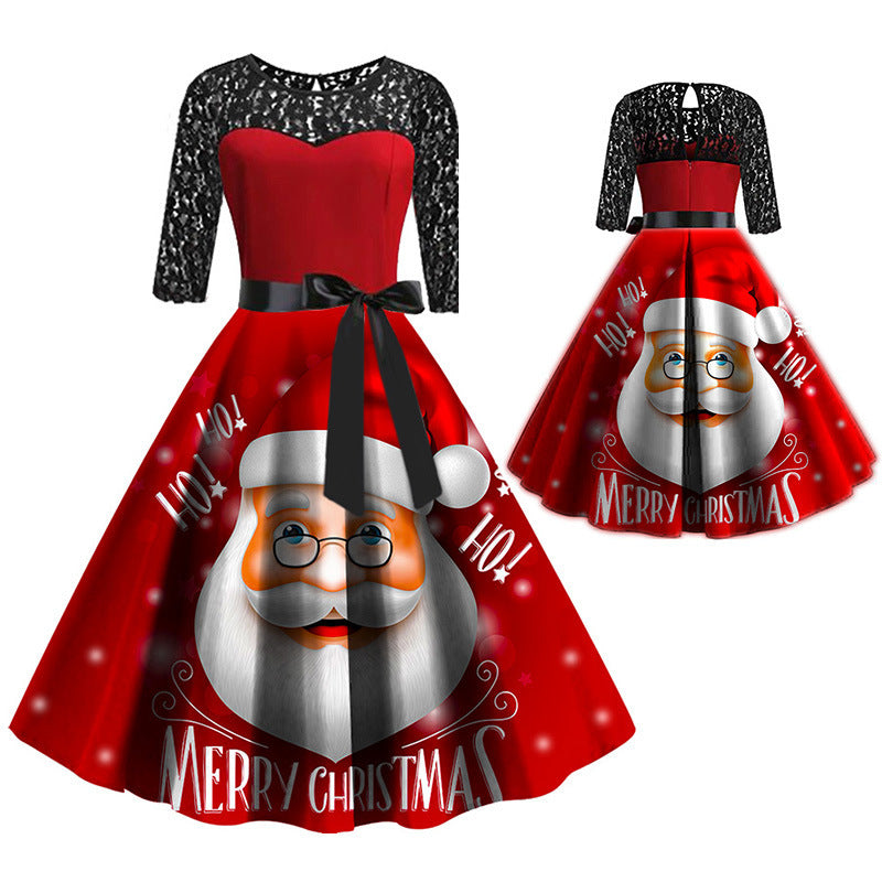 Christmas Lace Stitching Mid-length Dress