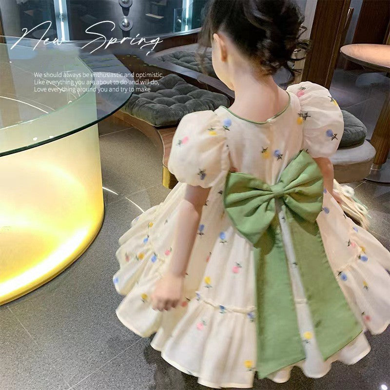 Girls' Bubble Sleeve Bow Floral Dress