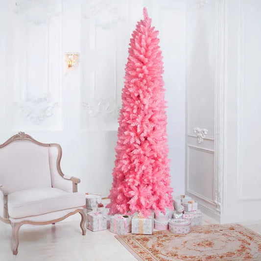 7.5 FT Hinged Christmas Tree, Artificial Pencil Christmas Tree, Unlit Artificial Christmas Pine Tree With 1075 Branch Tips And Sturdy Stand, Pink