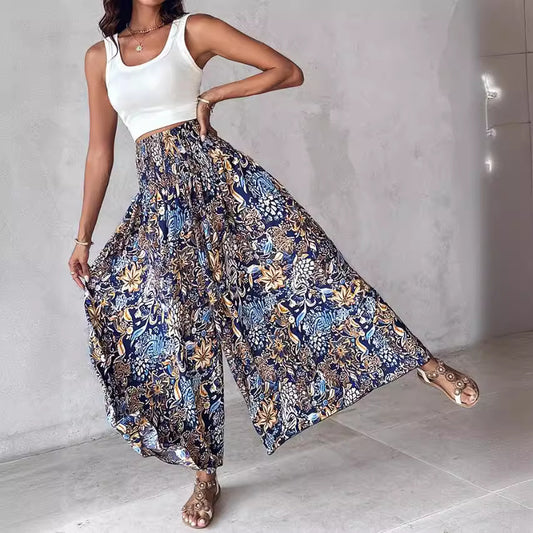 Women's Retro Floral Printed Waist-controlled Wide-leg Pants