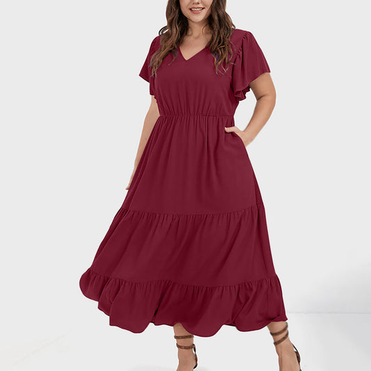 V-neck Ruffle Pleating Casual Large Swing Skirt
