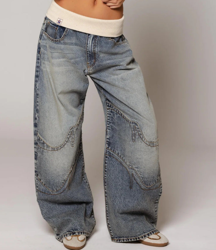 American Retro Street Washed Distressed Blue Jeans