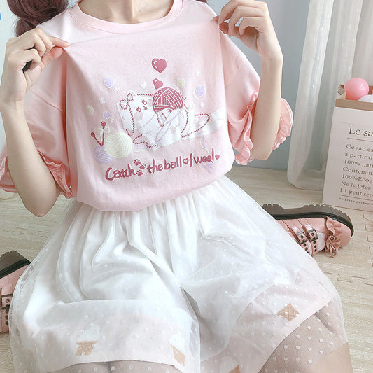 Short-sleeved Female Rabbit Cartoon Print Girl T-shirt Female Student Loose Wild Top