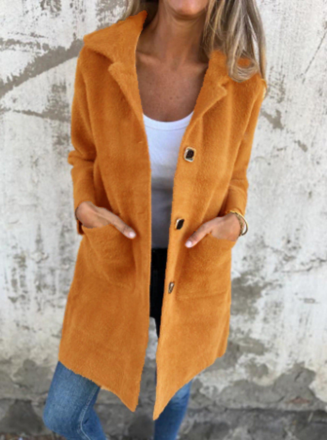 Single-breasted Polo Collar Pocket Mid-length Coat