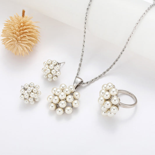 Pearl Pendant Necklace Earrings Ring Jewelry Set