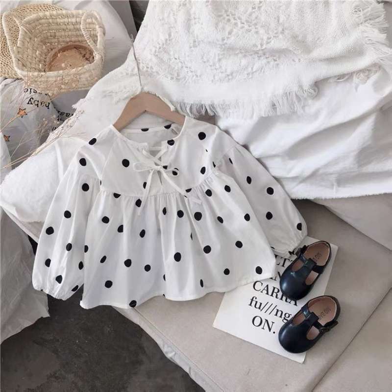 Baby Doll Shirt Long Sleeve Polka Dot Girls Puff Sleeve Top Western Style