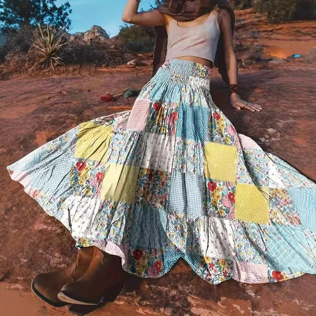 Printed Stitching Women's Popular Floral Skirt Long Skirt