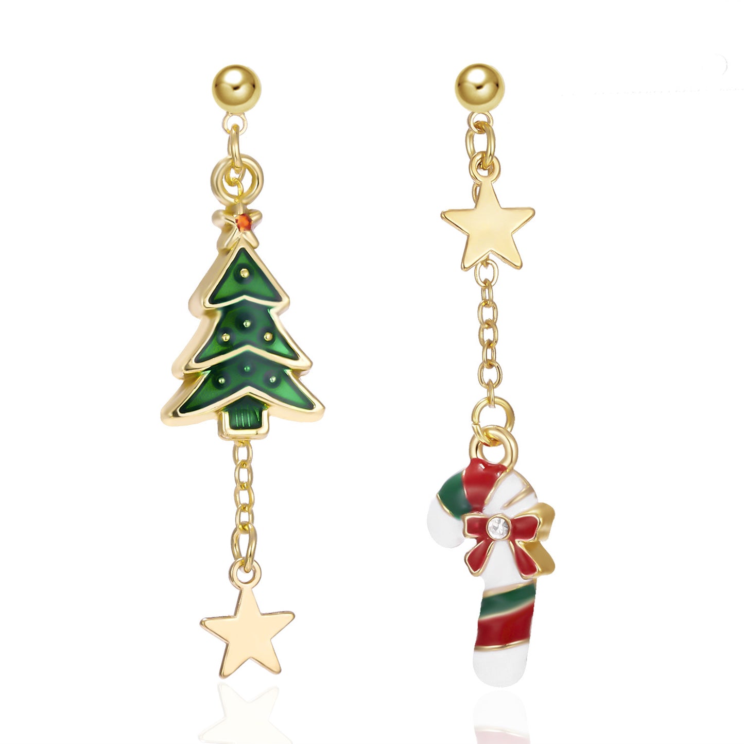 Christmas Bell Pentagonal Christmas Tree Cane Asymmetric Earrings
