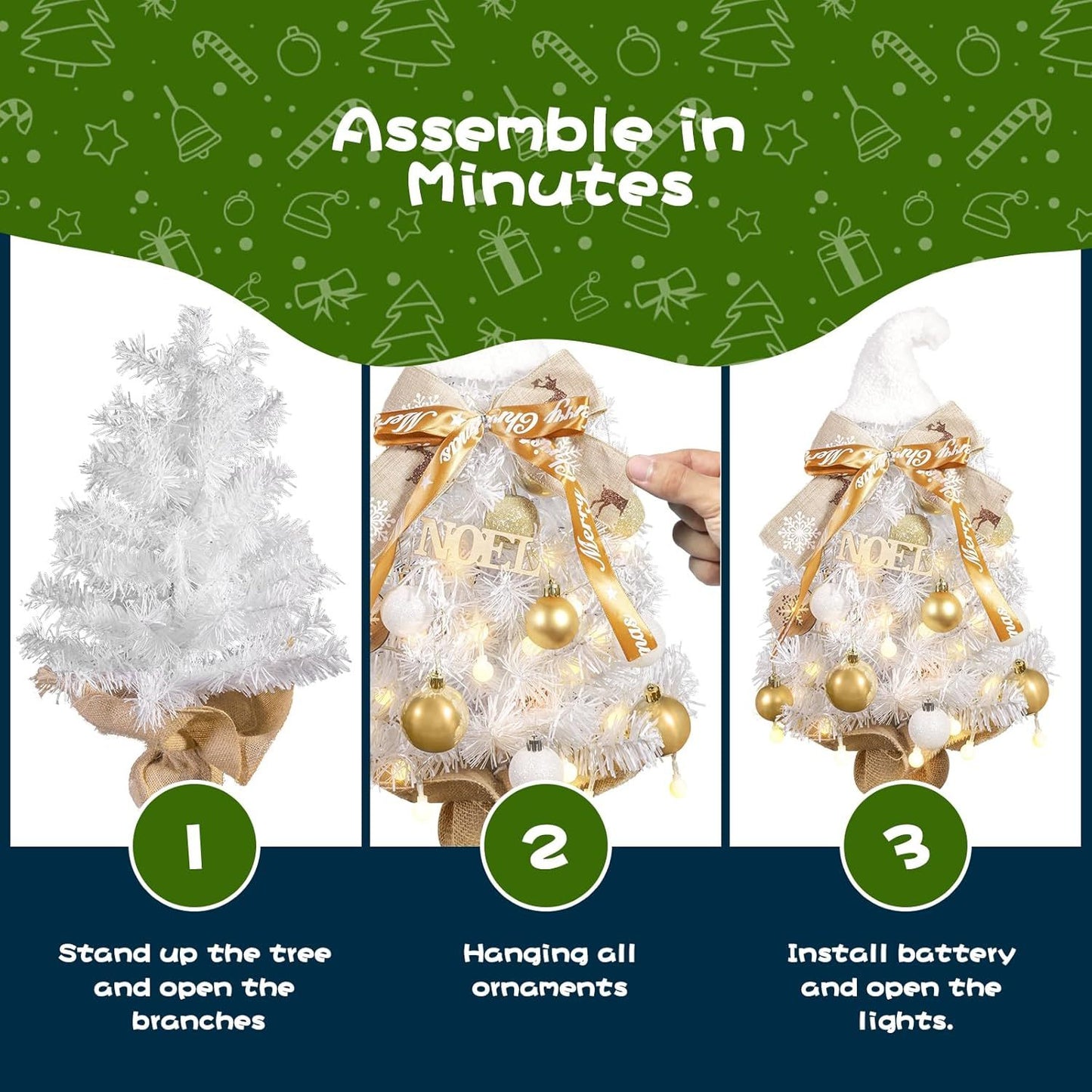 24 - Inch Snowy Christmas Tree. Golden Balls, Ribbons & Festive Hat