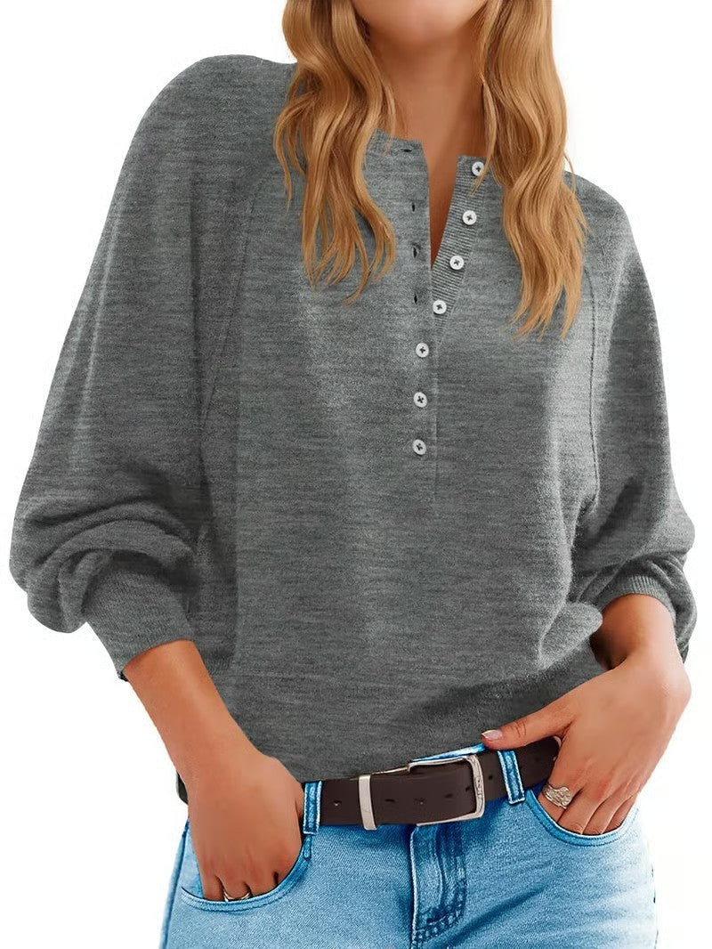 Women's Solid Color Knitted Button Loose Lantern Sleeve V-neck Sweater