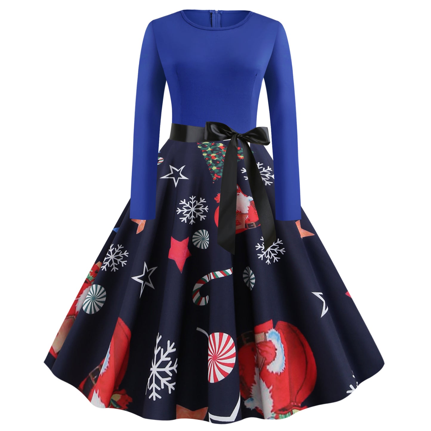 Christmas print lace long sleeve dress