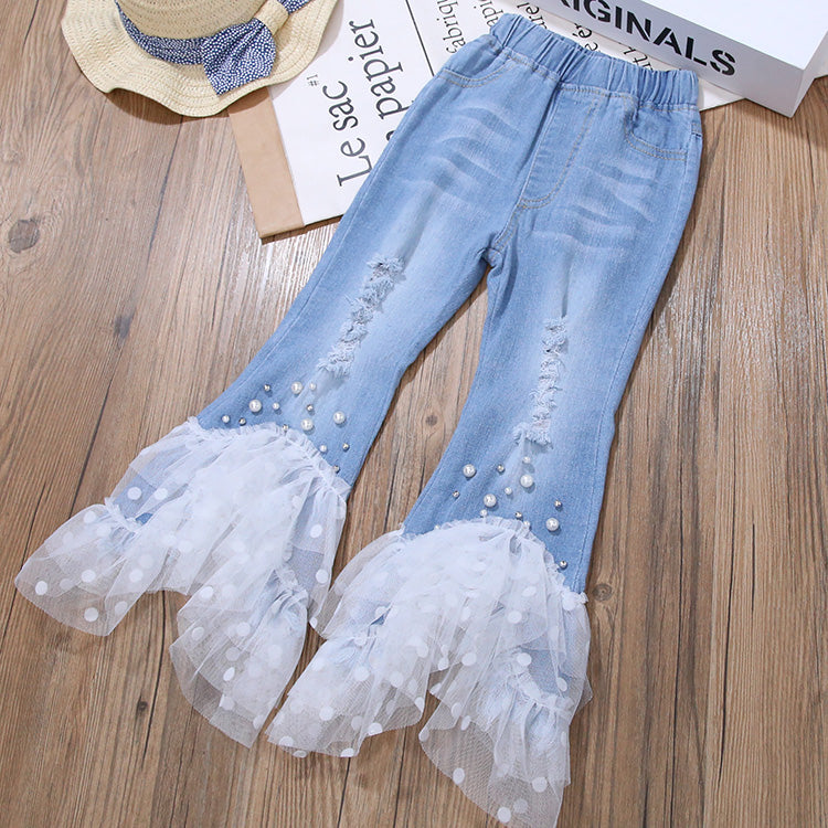 Girls' jeans spring and autumn stretch flared pants