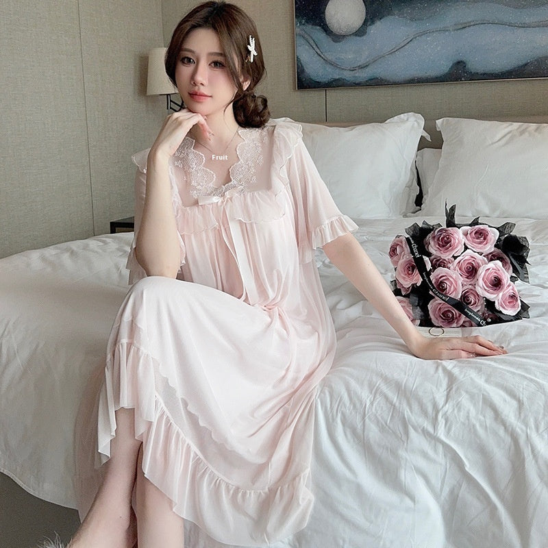Lace Bow Mesh Midi Nightdress Homewear