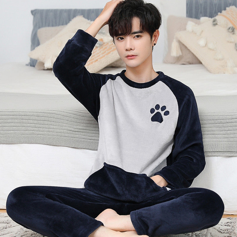 Flannel Pajamas Men's Autumn And Winter Warm Suit Youth Round Neck Fashion Casual Suitable For Daily Wear Homewear