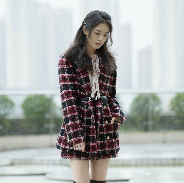 Tweed Plaid Jacket High-Waisted Shorts Two-Piece Suit For Women