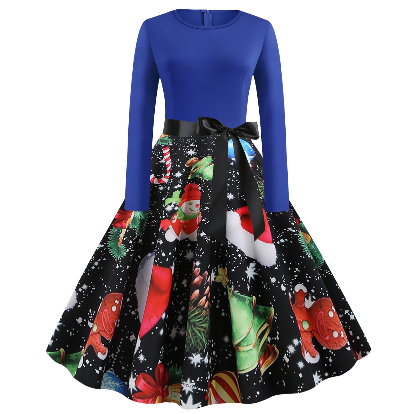 Christmas print lace long sleeve dress