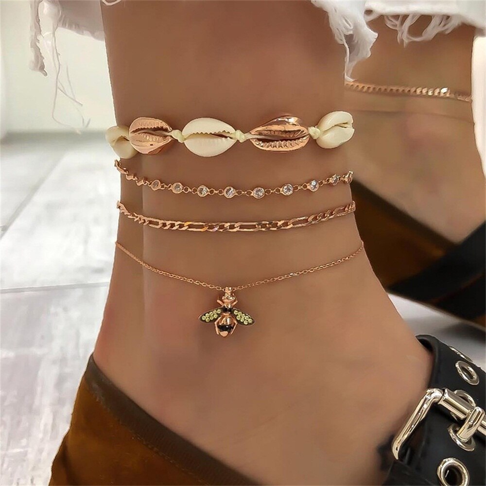 Popular Beach Women's Anklet Shell Weave Diamond Chain Full Diamond Bee Pendant Multilayer Footwear