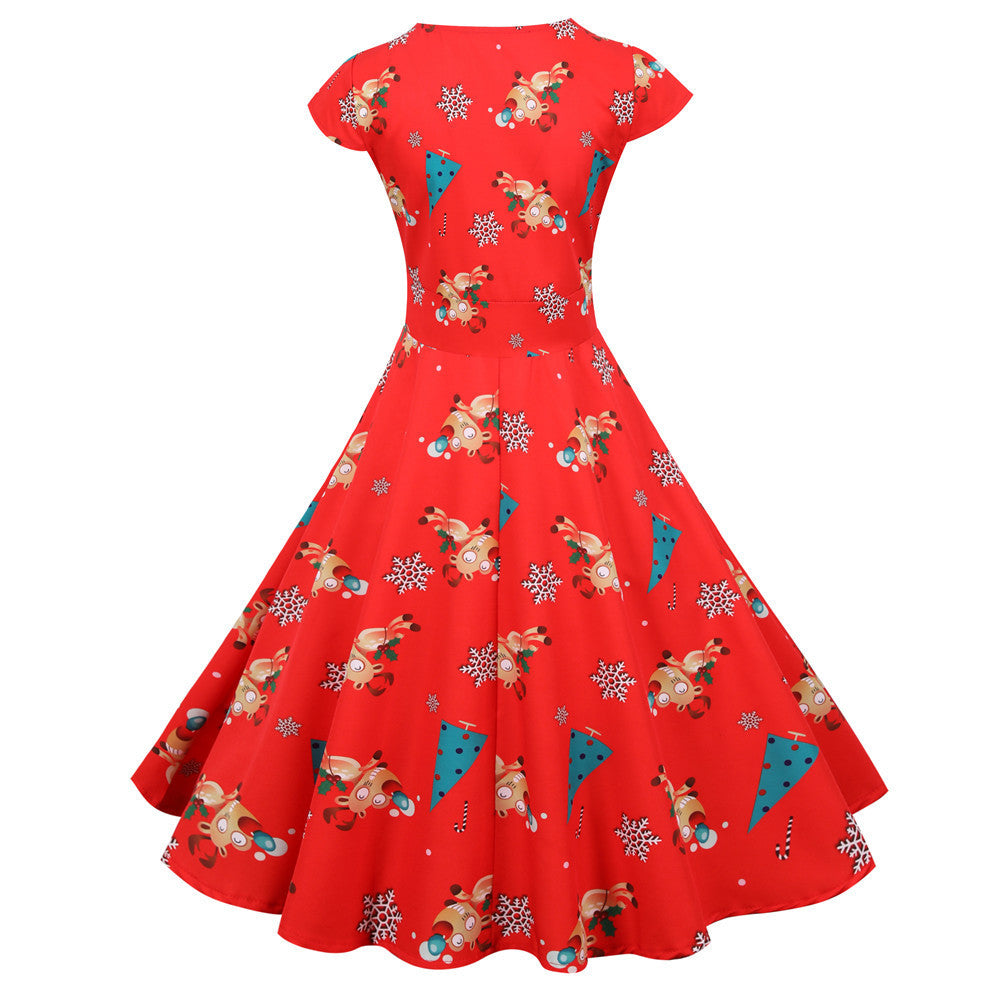 Christmas round neck short sleeve printed dress