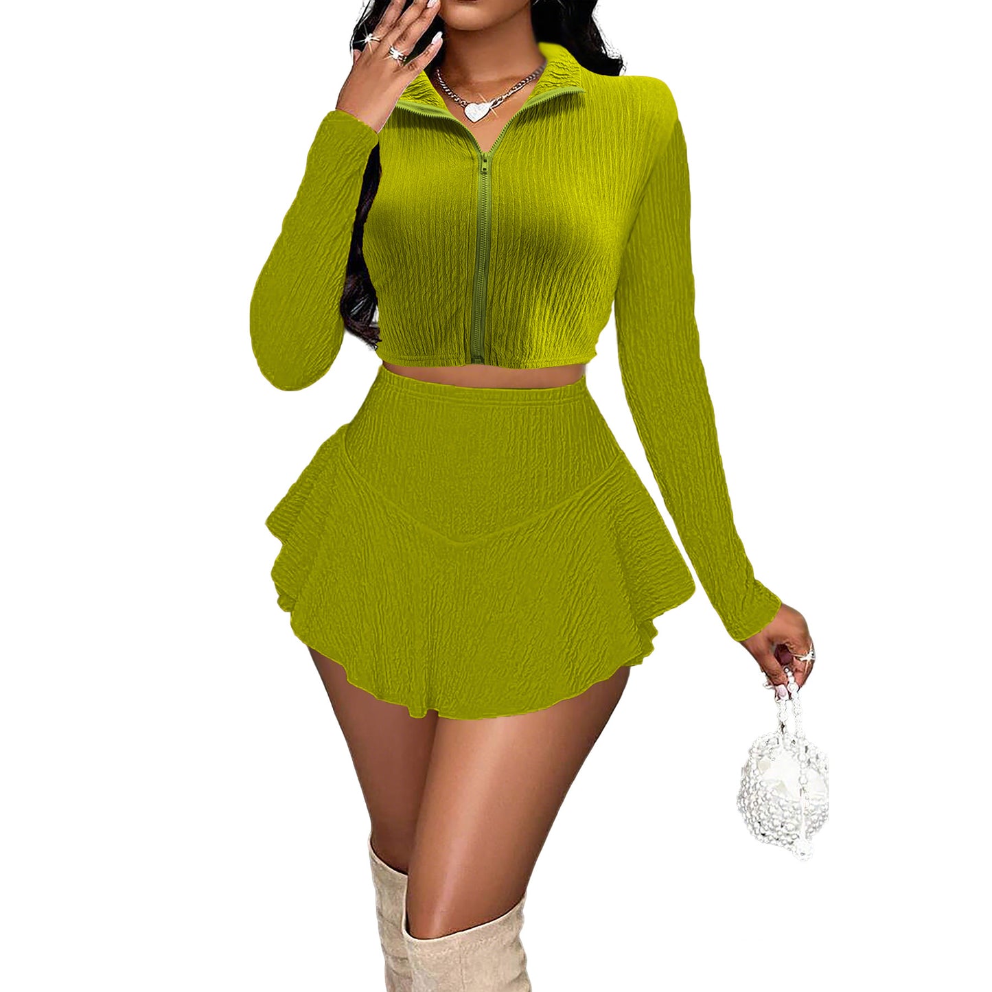 Zipper Short Top Ruffled Pantskirt Skirt Suit