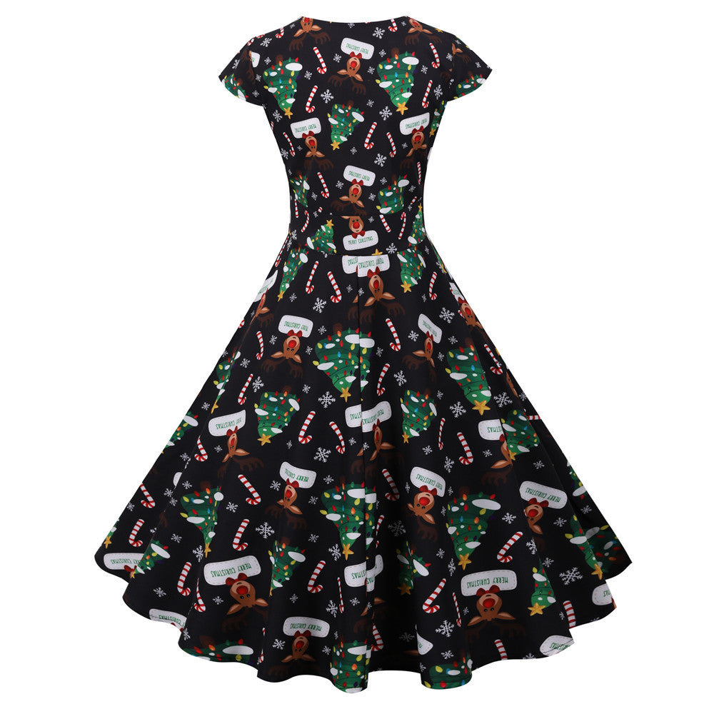 Christmas round neck short sleeve printed dress