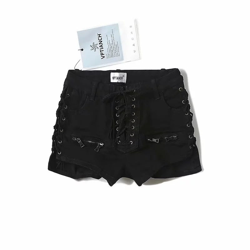 Heavy Industry Lace-Up Denim Shorts Women European And American Trend Women's Pants