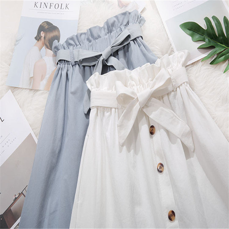 Elegant Button High Waist Skirt Female Pleated Skirt