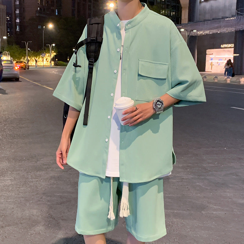 Men's Ice Silk Hanging Suit Men's Solid Color Short-sleeved Shirt Draw Rope Shorts Two-piece Men's